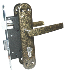 Замок врезной ЗВ-4 С цилиндр, с защелкой  и ручками / медь
