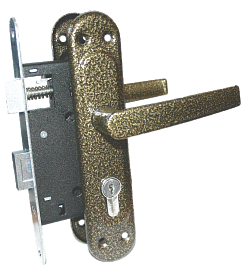 Замок врезной ЗВ-4 С цилиндр, с защелкой  и ручками / медь
