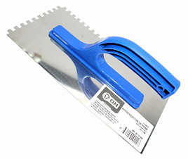 Гладилка из нержавеющей стали, 130 х 270 мм, зуб 8 х 8мм, пластмассовая ручка
